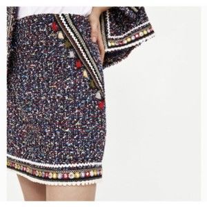 Zara Woman (FP to Love) Tweed Skirt With Tassel Trim Multicolor Sz M NWT